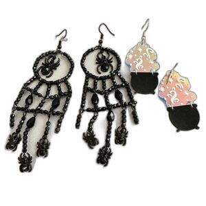 Halloween Dangle Earrings set of Spider in Web & Witches Cauldron